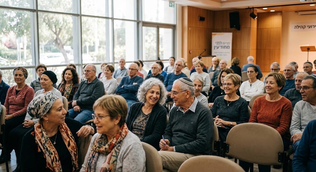 קהל של גברים ונשים בגיל השלישי יושבים באולם מואר ומקשיבים בחיוך
